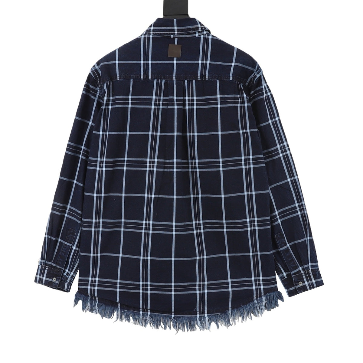 Dior Women's & Men's Navy Blue Plaid Fringe-Hem Long-Sleeve Shirt