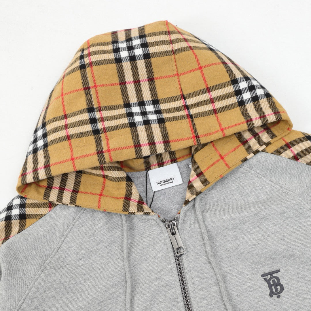 Burberry Women's Men's Grey Check Panel Zip-Up Hoodie