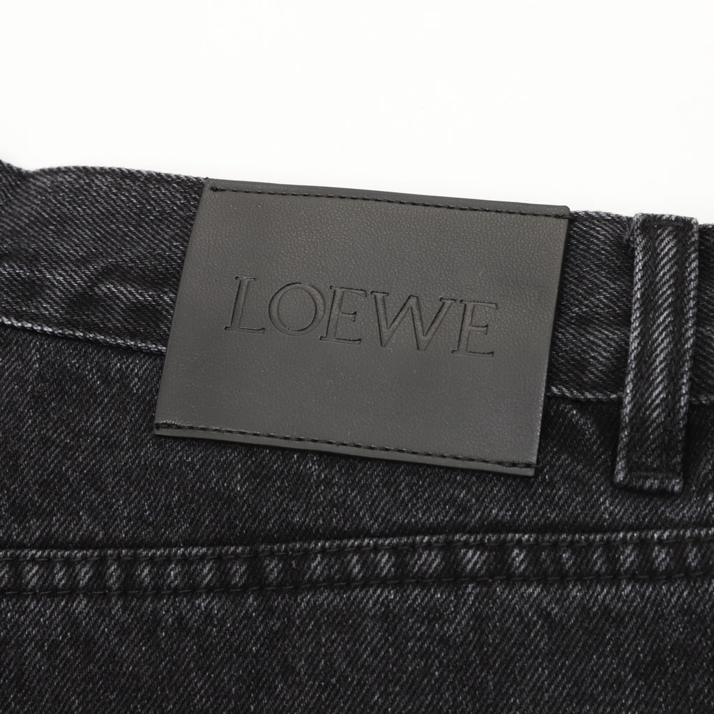 Loewe Contrast Stitch Wide-Leg Washed Denim Trousers | Black Leather Patch Workwear Luxury