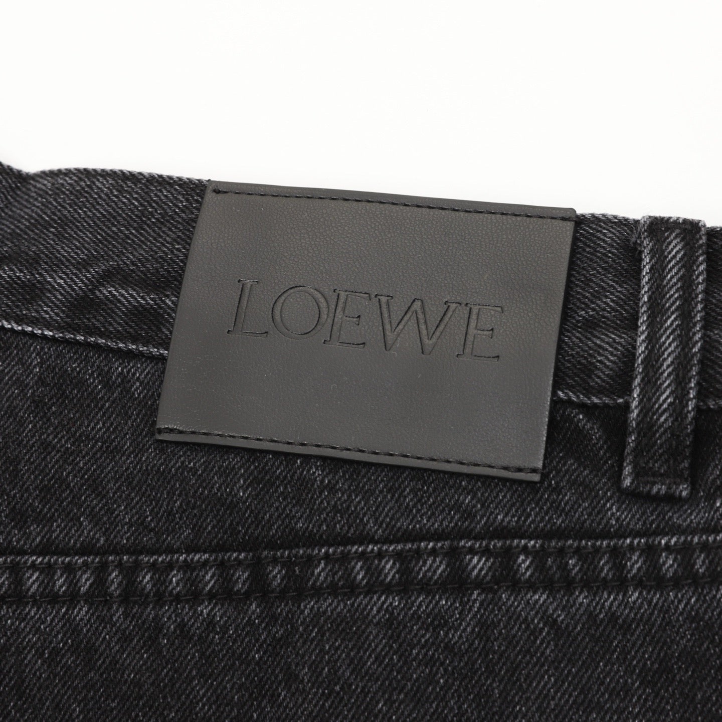 Loewe Contrast Stitch Wide-Leg Washed Denim Trousers | Black Leather Patch Workwear Luxury