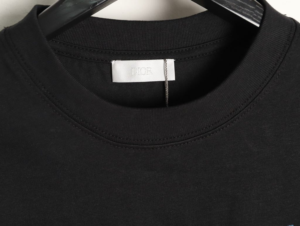 Prada Men's Black Blue Rose Embroidered T-Shirt