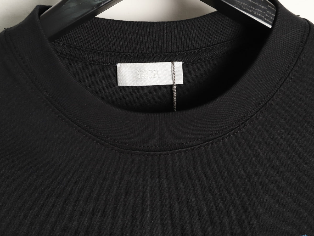 Prada Men's Black Blue Rose Embroidered T-Shirt