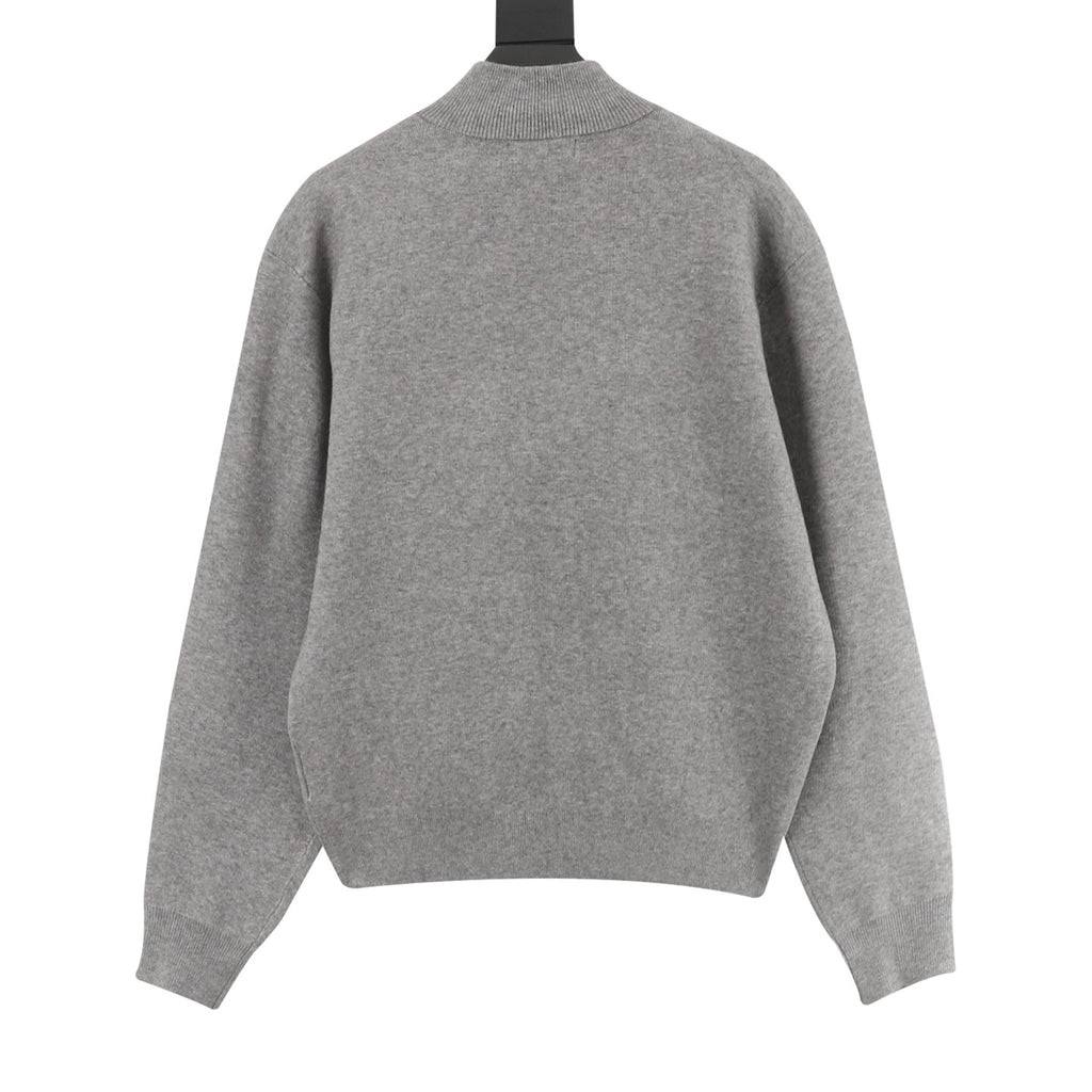 Miu Miu Small Logo Half-Zip Stand Collar Knit Sweater | Light Grey Relaxed Luxury Knitwear