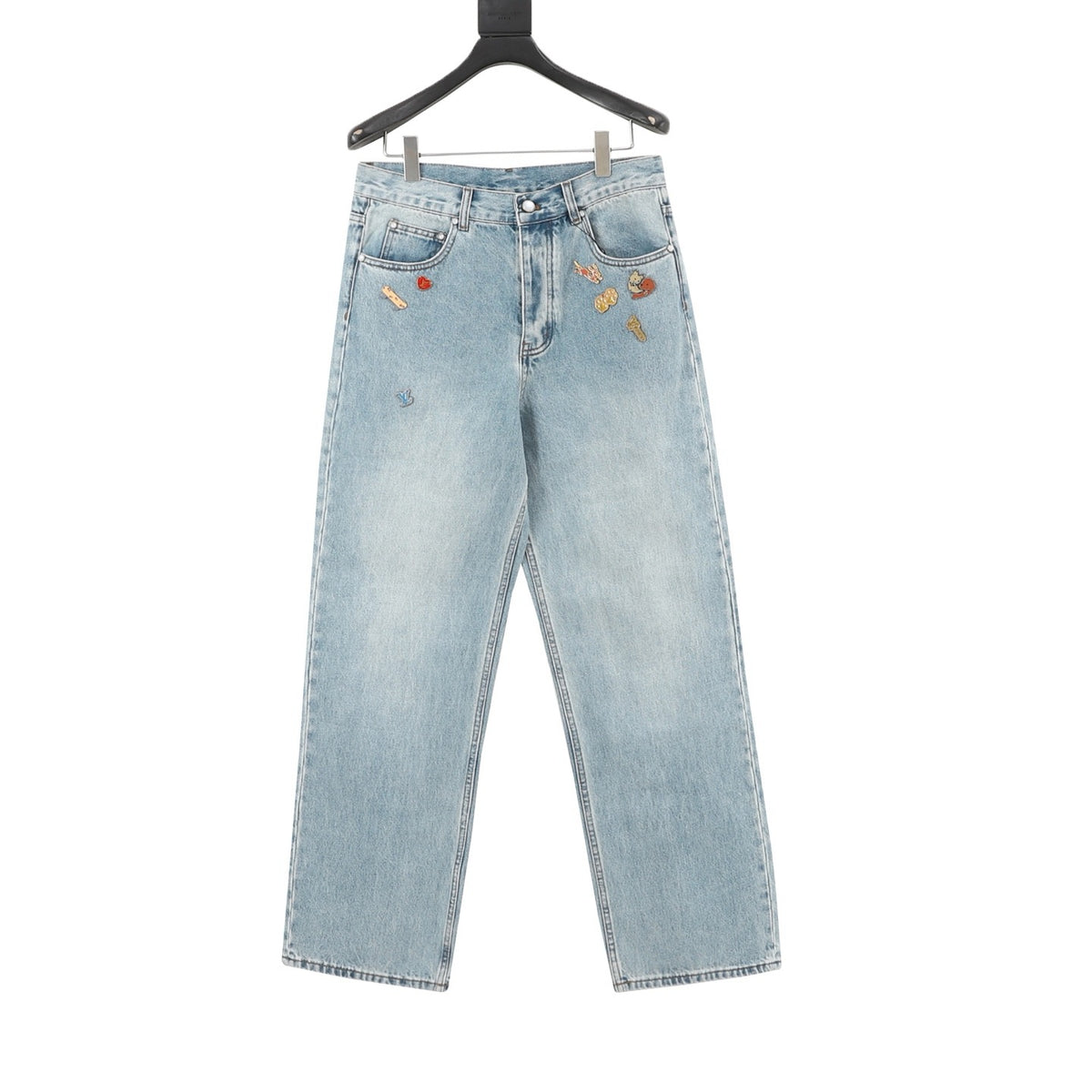 Casablanca Women's Men's Light Wash Blue Pin Embroidery Wide-Leg Jeans