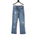 Chrome Hearts Cross Leather Patch Jeans — Mid Blue Wash, Straight Leg