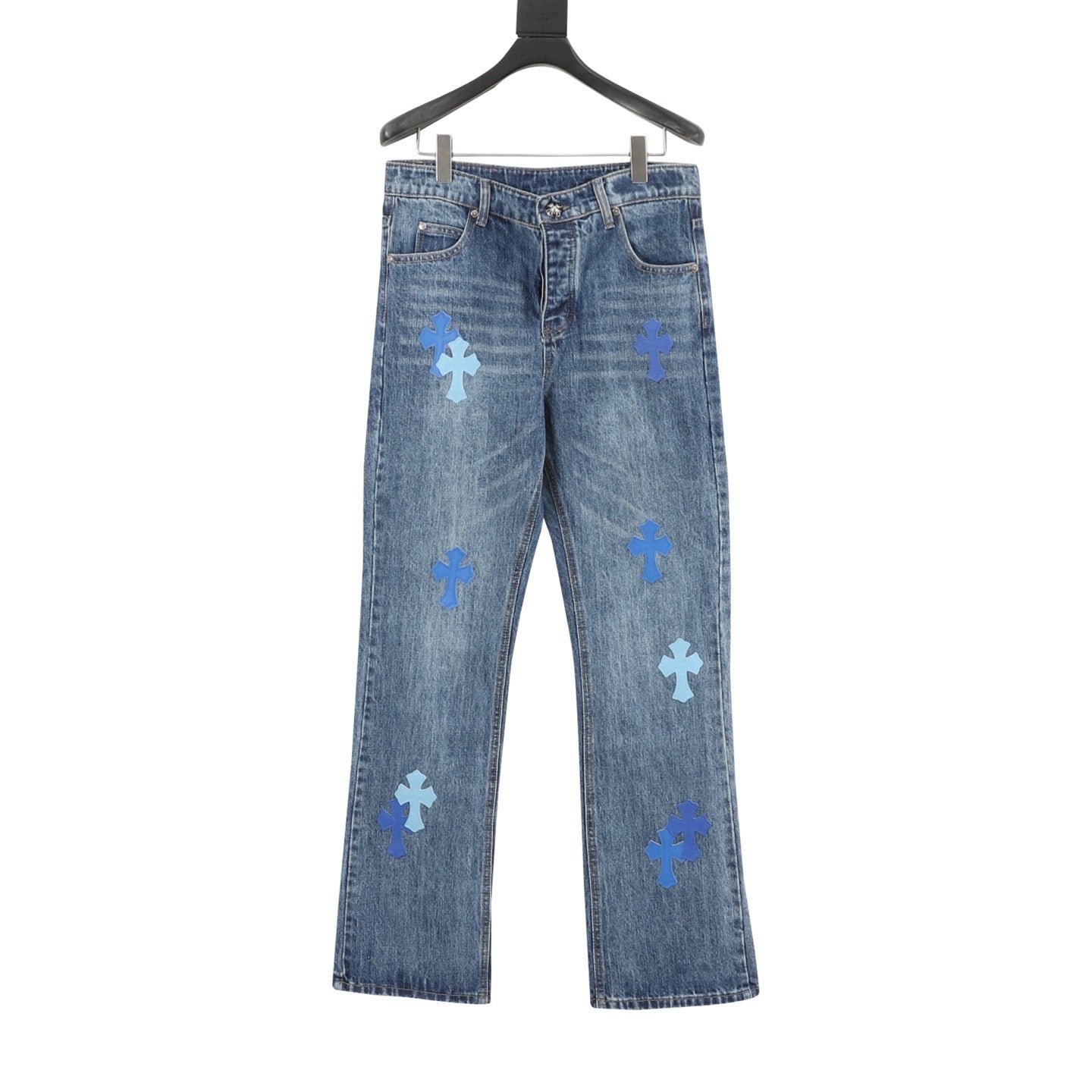 Chrome Hearts Cross Leather Patch Jeans — Mid Blue Wash, Straight Leg