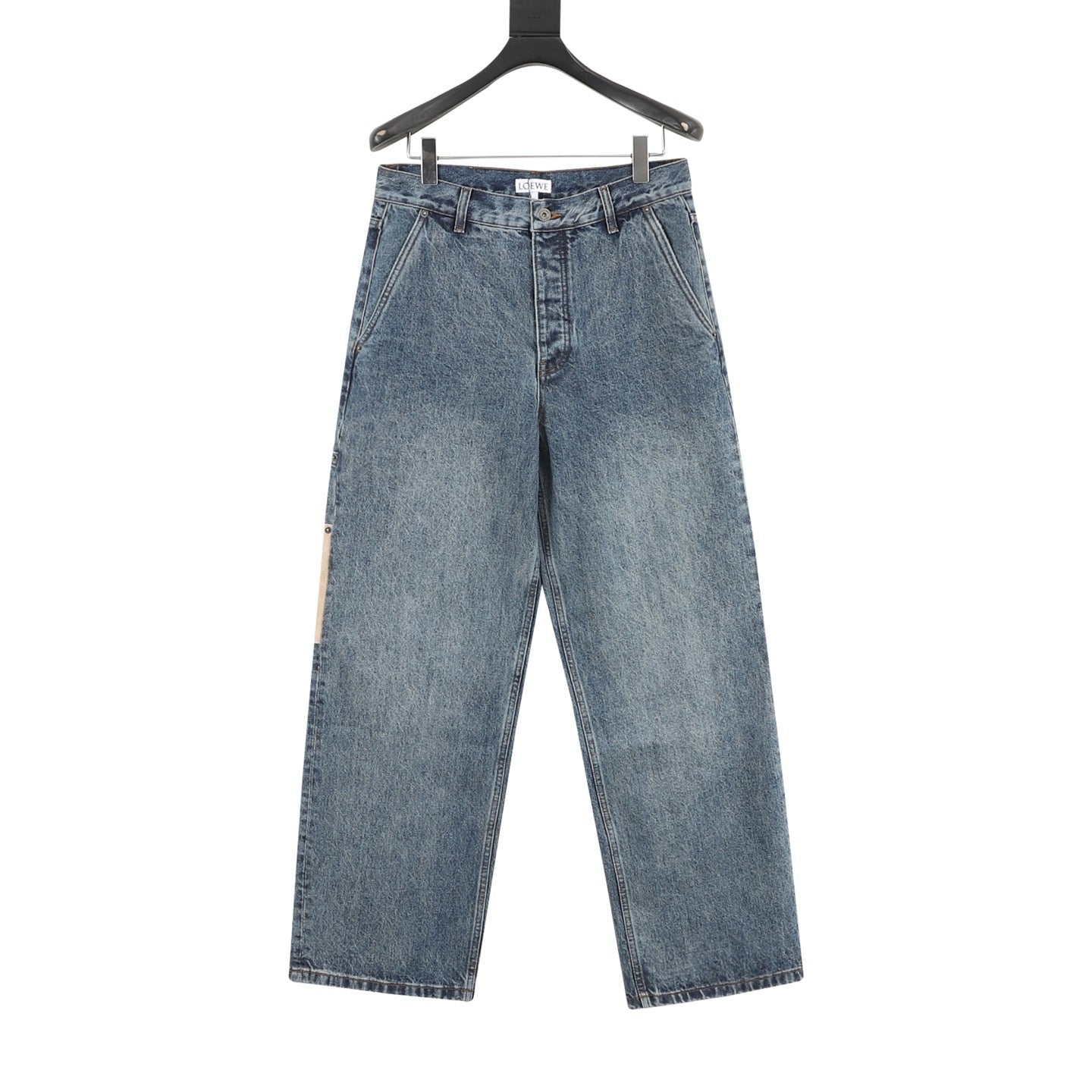 Loewe Contrast Stitch Wide-Leg Washed Denim Trousers | Black Leather Patch Workwear Luxury