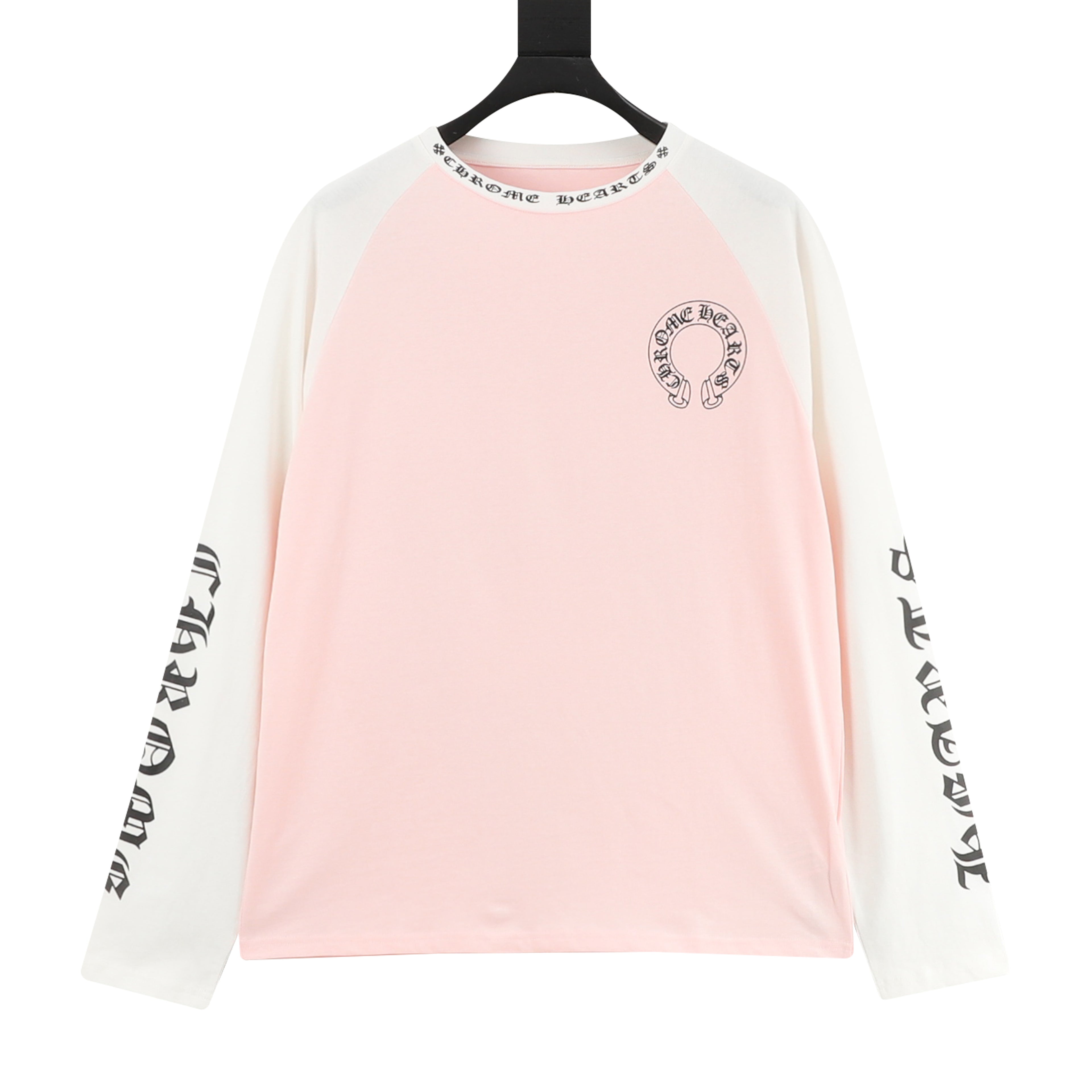 Chrome Hearts Horseshoe Raglan Long-Sleeve Tee — Pink & White, Gothic Sleeve Print