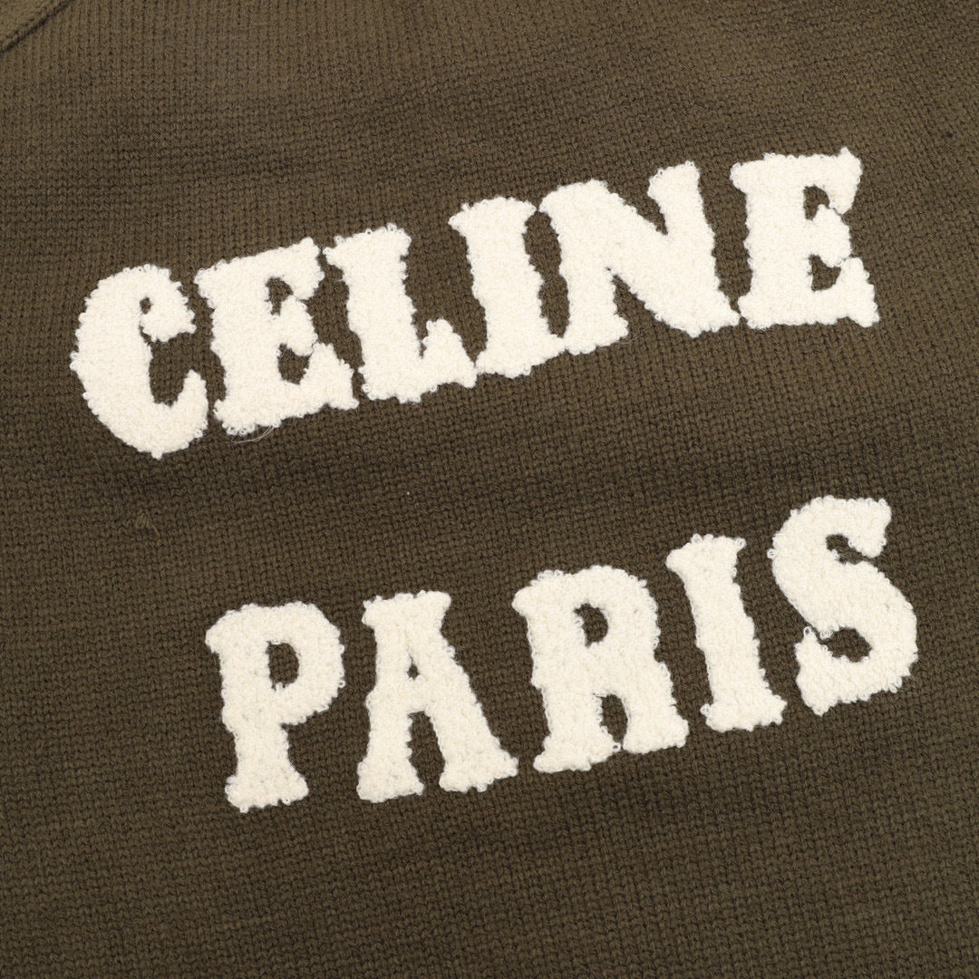 Celine Paris Back Chenille Appliqué Crew Neck Knit Sweater