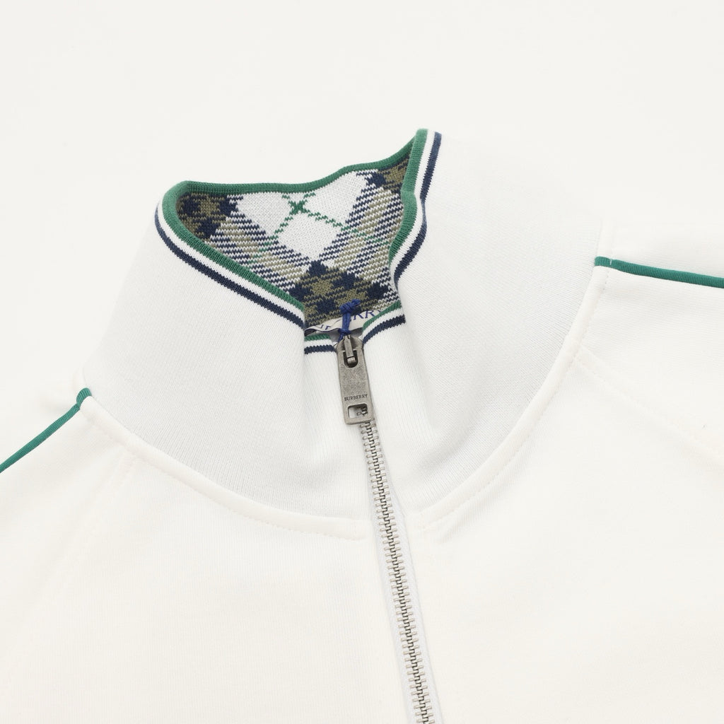 Burberry Equestrian Knight Argyle Knit Collar Zip Track Jacket | White Green Trim Luxury Outerwear