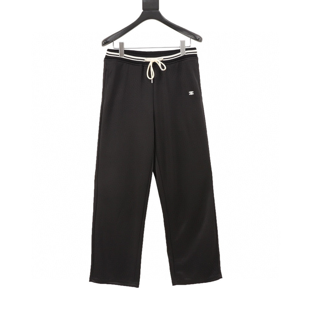 Celine Arc de Triomphe Embroidered Striped Waistband Wide-Leg Track Pants