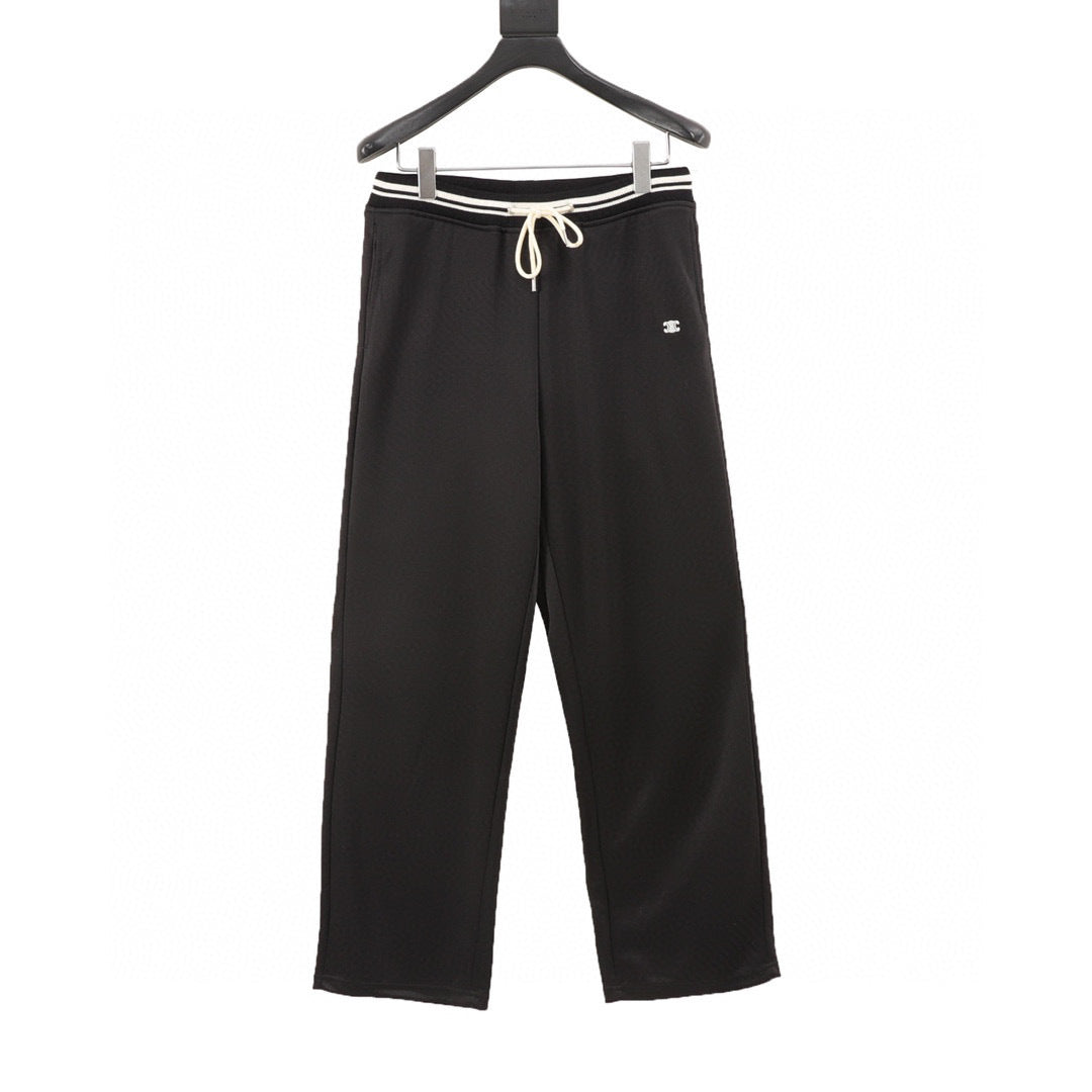 Celine Arc de Triomphe Embroidered Striped Waistband Wide-Leg Track Pants