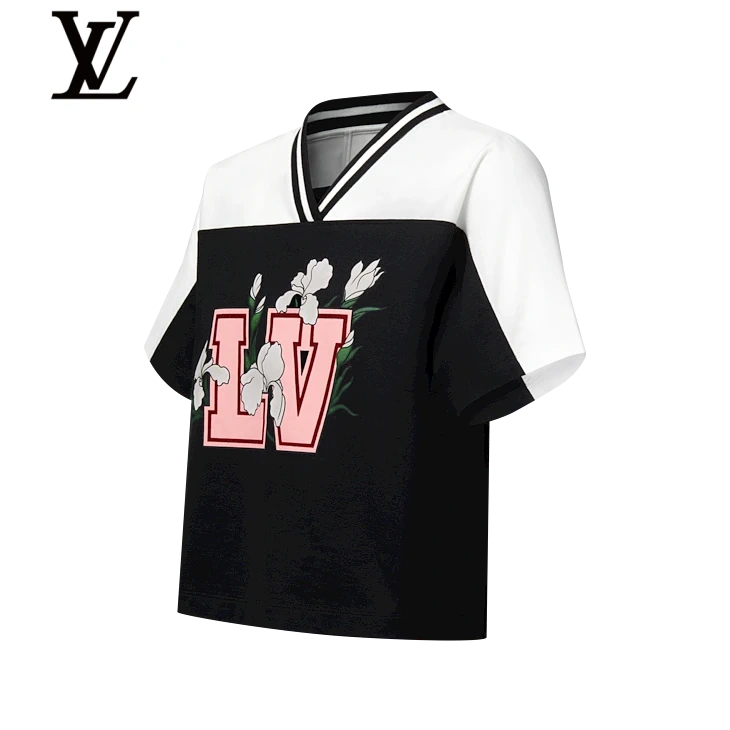 Louis Vuitton Black White Floral LV Colorblock Short-Sleeve Top