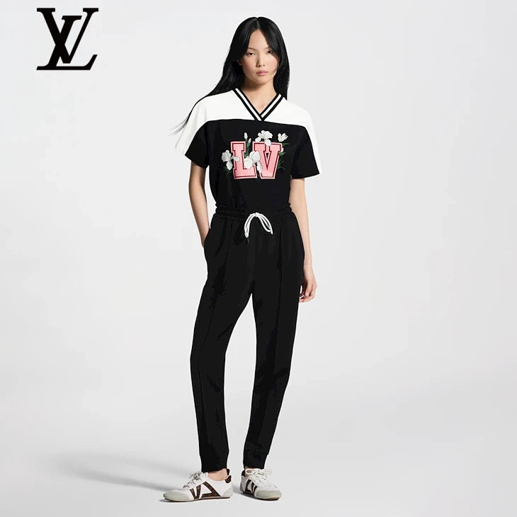 Louis Vuitton Black White Floral LV Colorblock Short-Sleeve Top