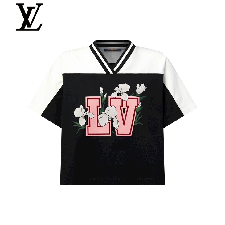 Louis Vuitton Black White Floral LV Colorblock Short-Sleeve Top