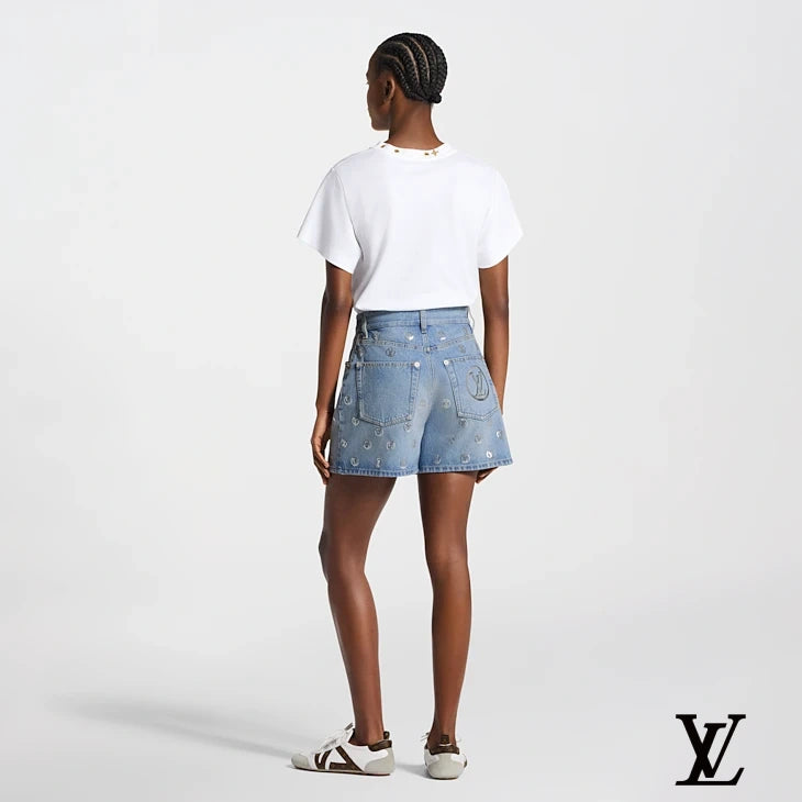 Louis Vuitton Light Blue Denim Shorts with Circular LV Embroidery