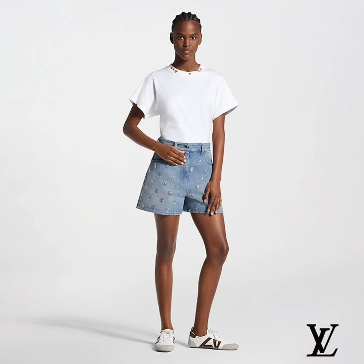 Louis Vuitton Light Blue Denim Shorts with Circular LV Embroidery