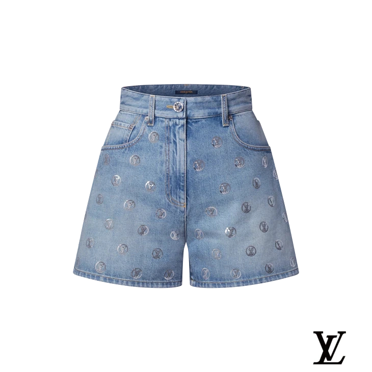 Louis Vuitton Light Blue Denim Shorts with Circular LV Embroidery