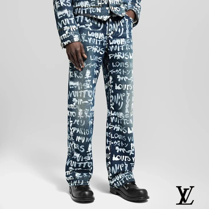 Louis Vuitton Dark Blue Graffiti Print Jeans