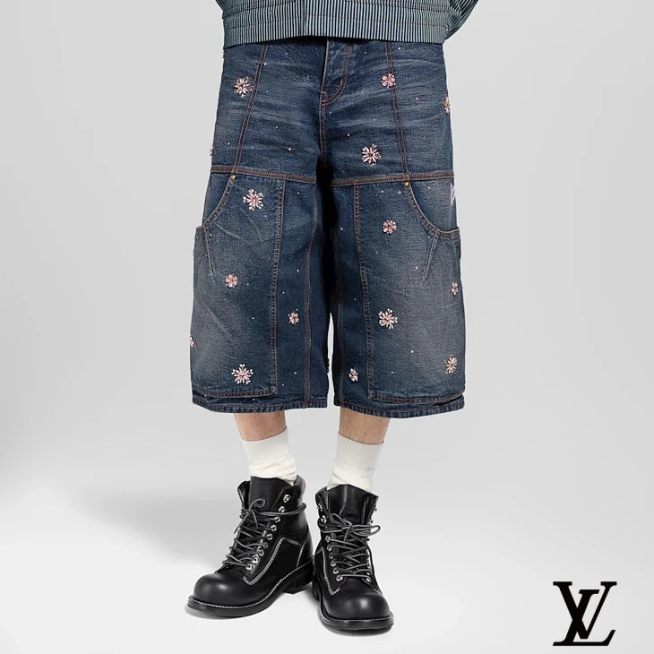 Louis Vuitton Blue Floral Crystal-Embellished Denim Shorts