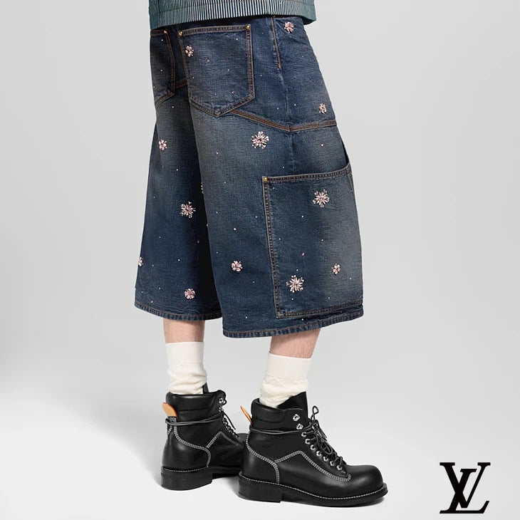 Louis Vuitton Blue Floral Crystal-Embellished Denim Shorts