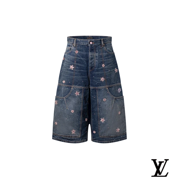 Louis Vuitton Blue Floral Crystal-Embellished Denim Shorts