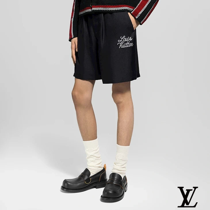 Louis Vuitton Black Satin Rhinestone Logo Shorts
