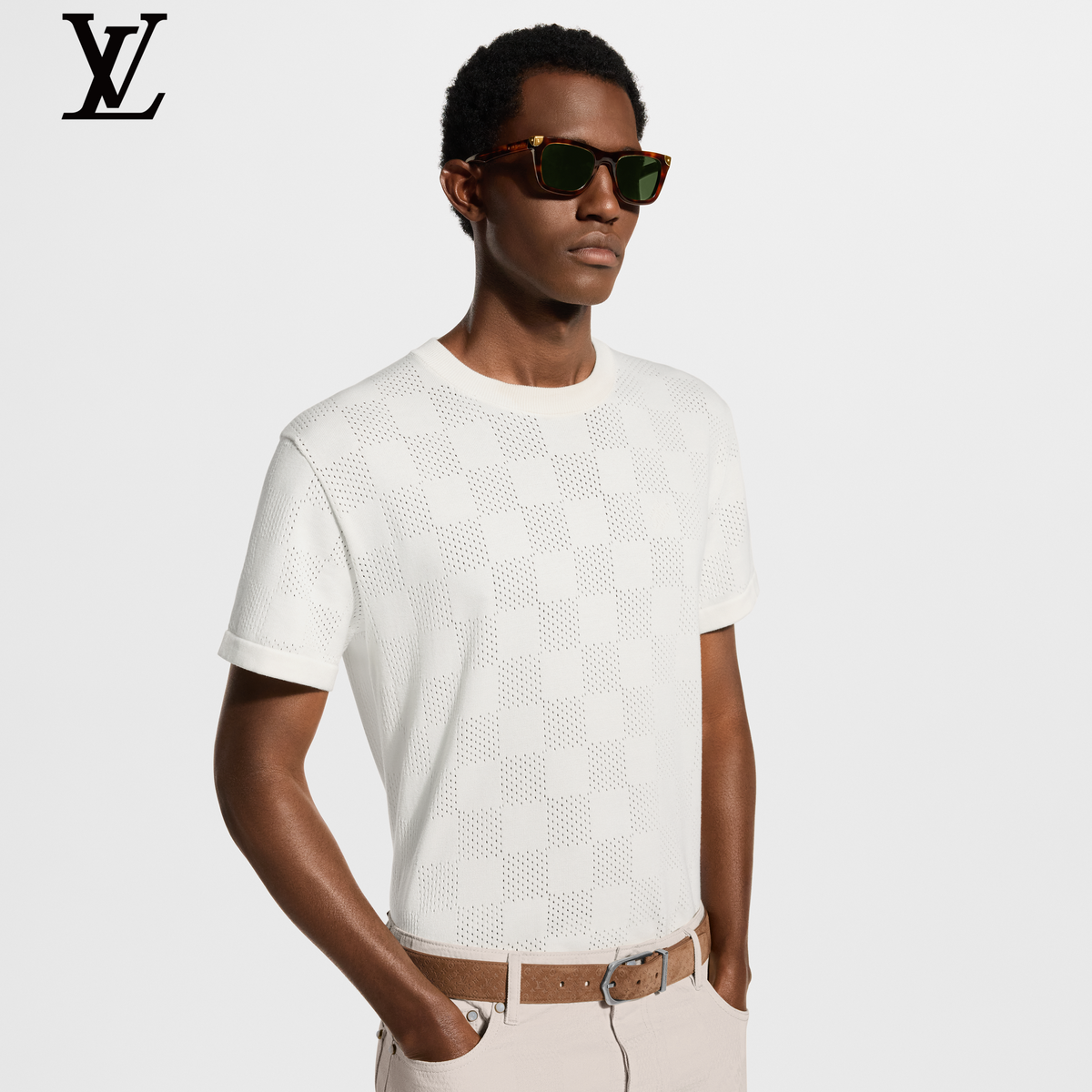 Louis Vuitton White Damier Mesh Knit Crew Neck Short Sleeve T-Shirt