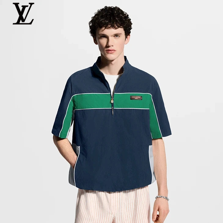 Louis Vuitton Navy Color Block Half-Zip Short Sleeve Top