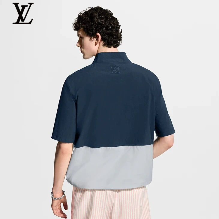 Louis Vuitton Navy Color Block Half-Zip Short Sleeve Top