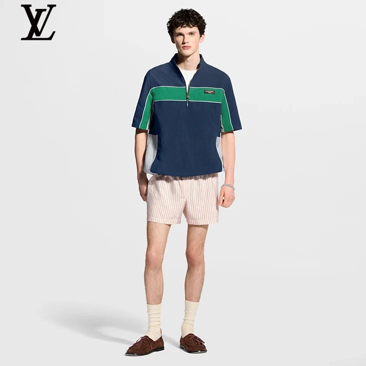 Louis Vuitton Navy Color Block Half-Zip Short Sleeve Top