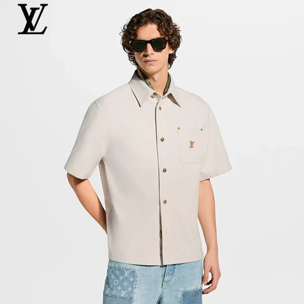 Louis Vuitton Beige Canvas Short Sleeve Shirt Gold LV Embroidery Pocket