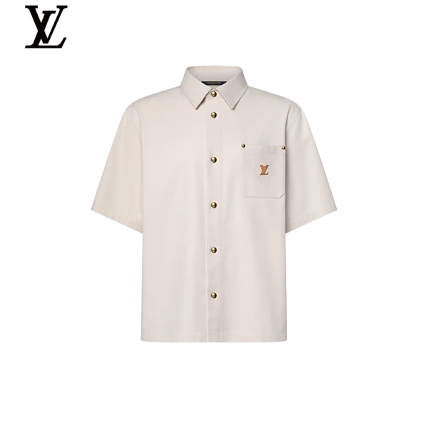 Louis Vuitton Beige Canvas Short Sleeve Shirt Gold LV Embroidery Pocket
