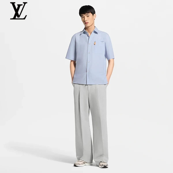 Louis Vuitton Light Blue Cotton Short Sleeve Shirt Leather Tag Pocket