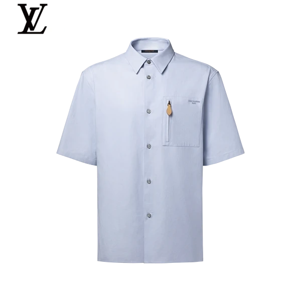 Louis Vuitton Light Blue Cotton Short Sleeve Shirt Leather Tag Pocket