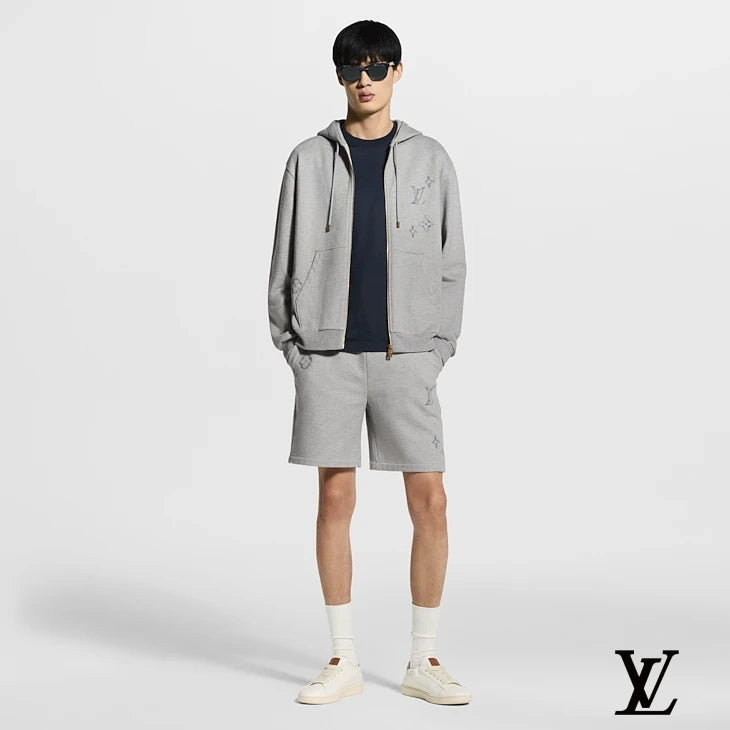 Louis Vuitton Grey Cotton Shorts with Blue Stitched Monogram