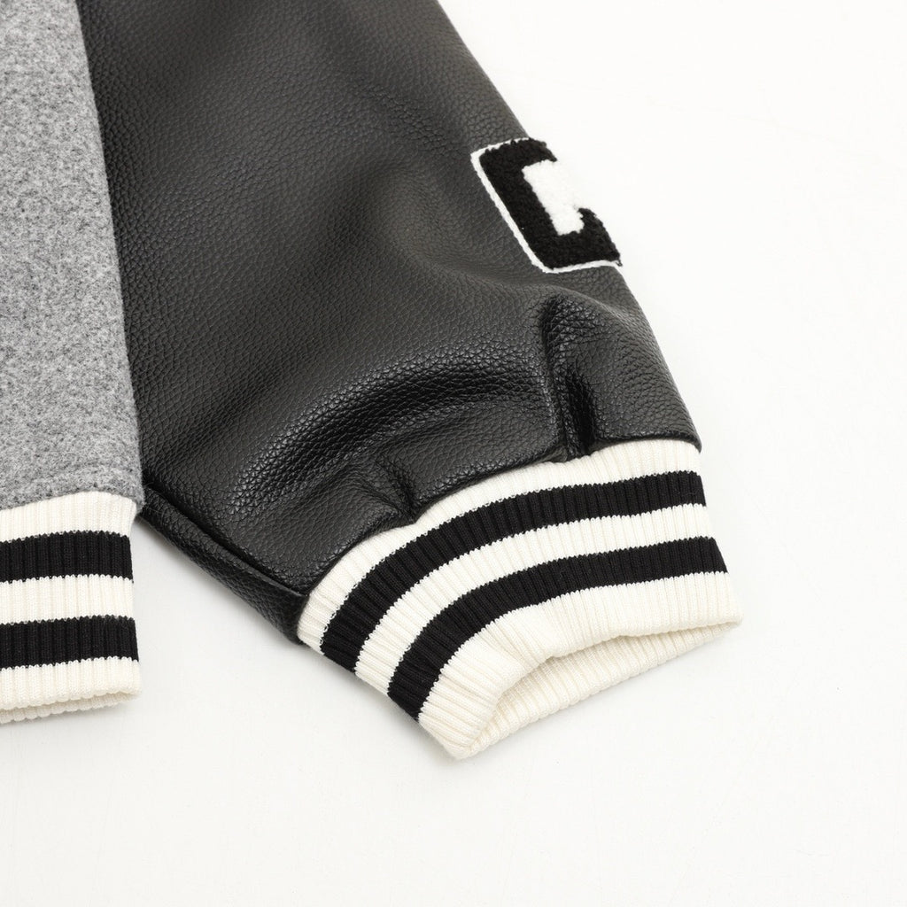 Thom Browne Women's & Men's Grey Letter Patch Leather-Sleeve Varsity Jacket