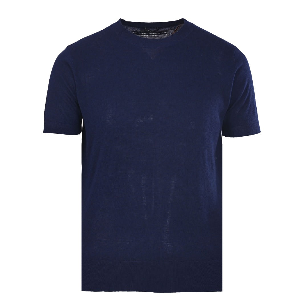 Fine-Knit V-Neck Short-Sleeve Sweater in Navy