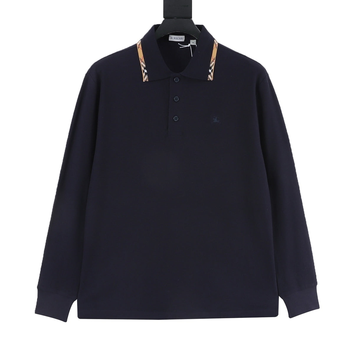 Burberry Men's Navy Check-Collar Long-Sleeve Polo Shirt