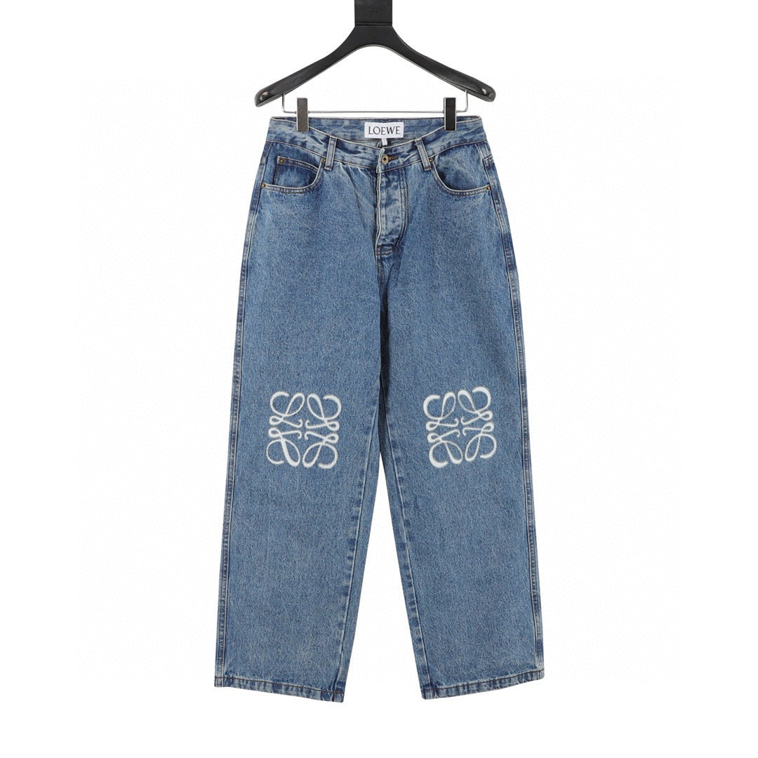 Loewe Anagram Knee Embroidered Wide-Leg Denim Jeans