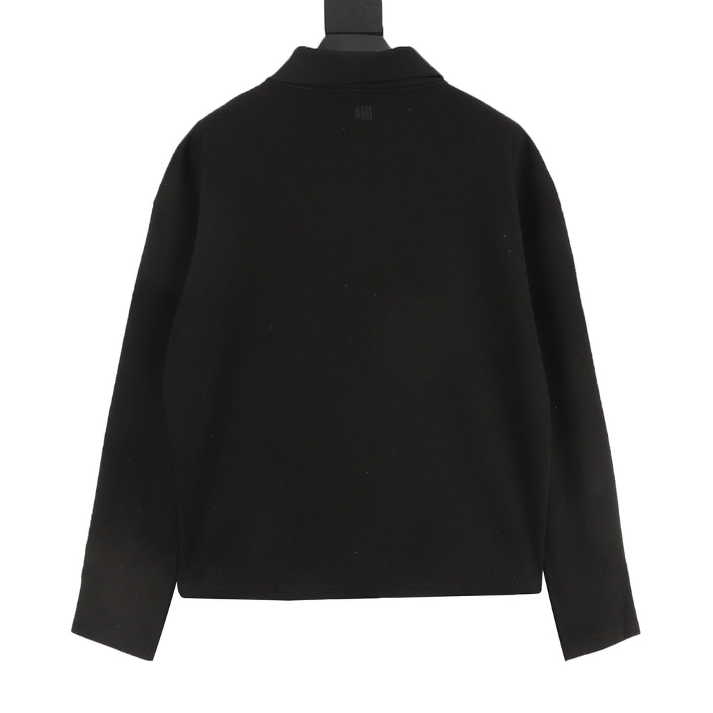 AMI Paris Long-Sleeve Polo Shirt — Tonal Heart Logo, Black | FW25
