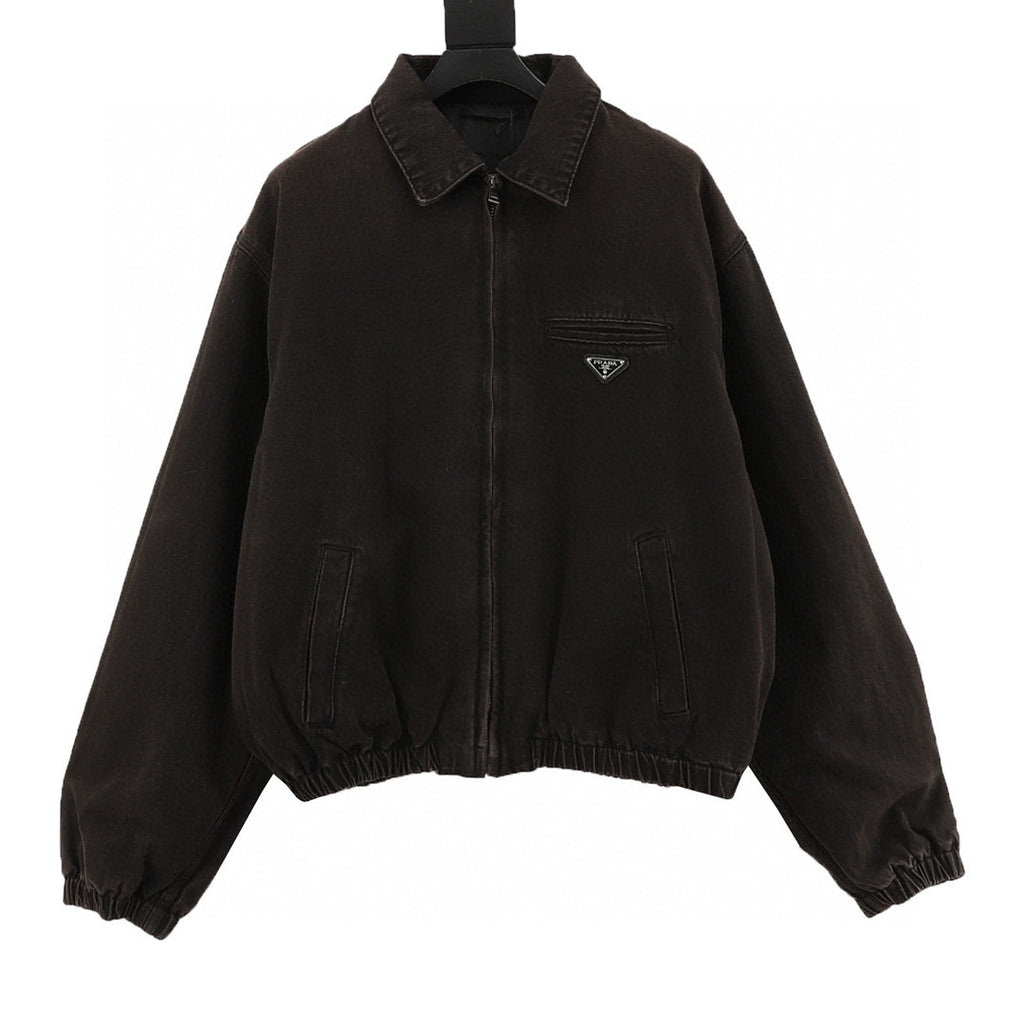 Prada Triangle Logo Over-Dyed Washed Denim Bomber Jacket