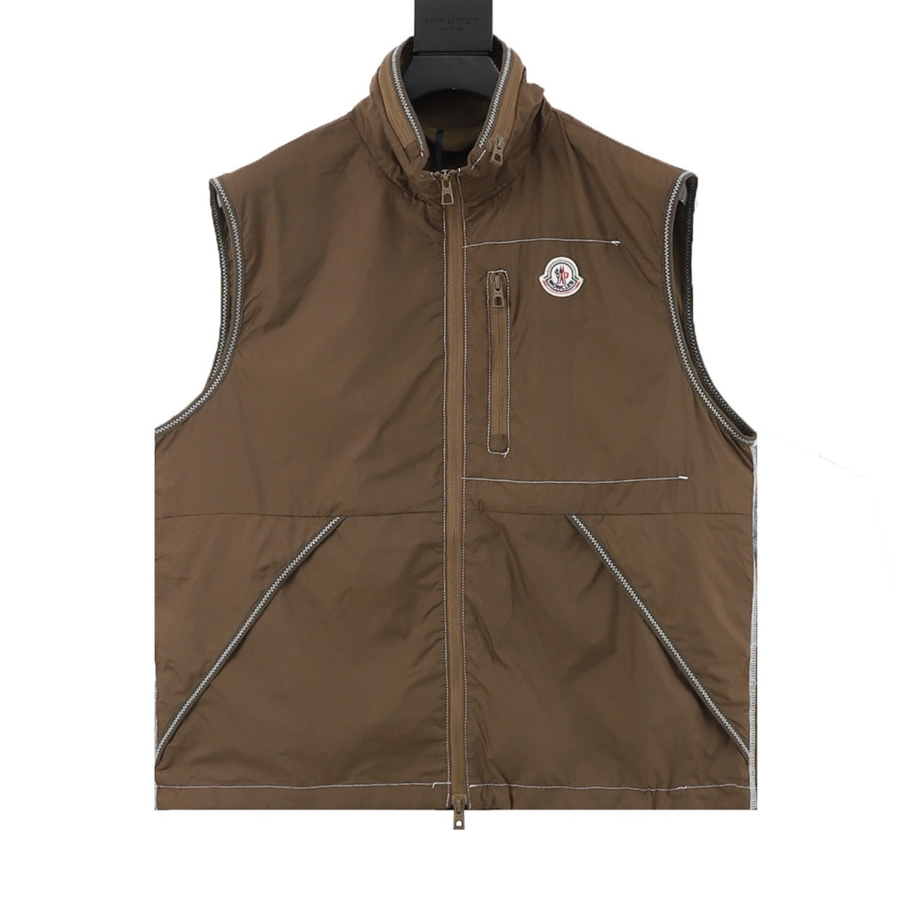 Moncler Women's Men's Brown Logo Patch Zip-Up Vest