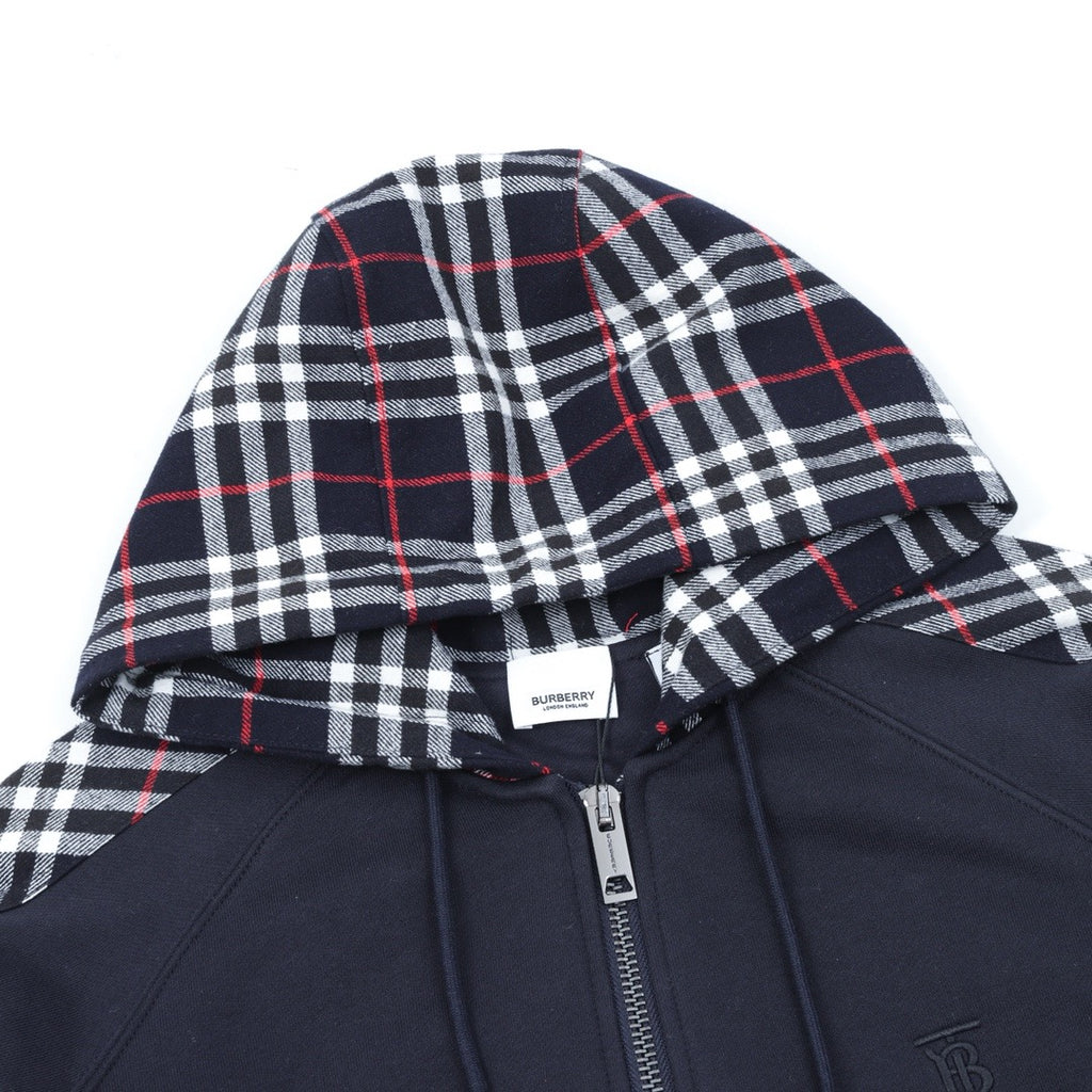 Burberry Women's Men's Navy Check Panel Zip-Up Hoodie