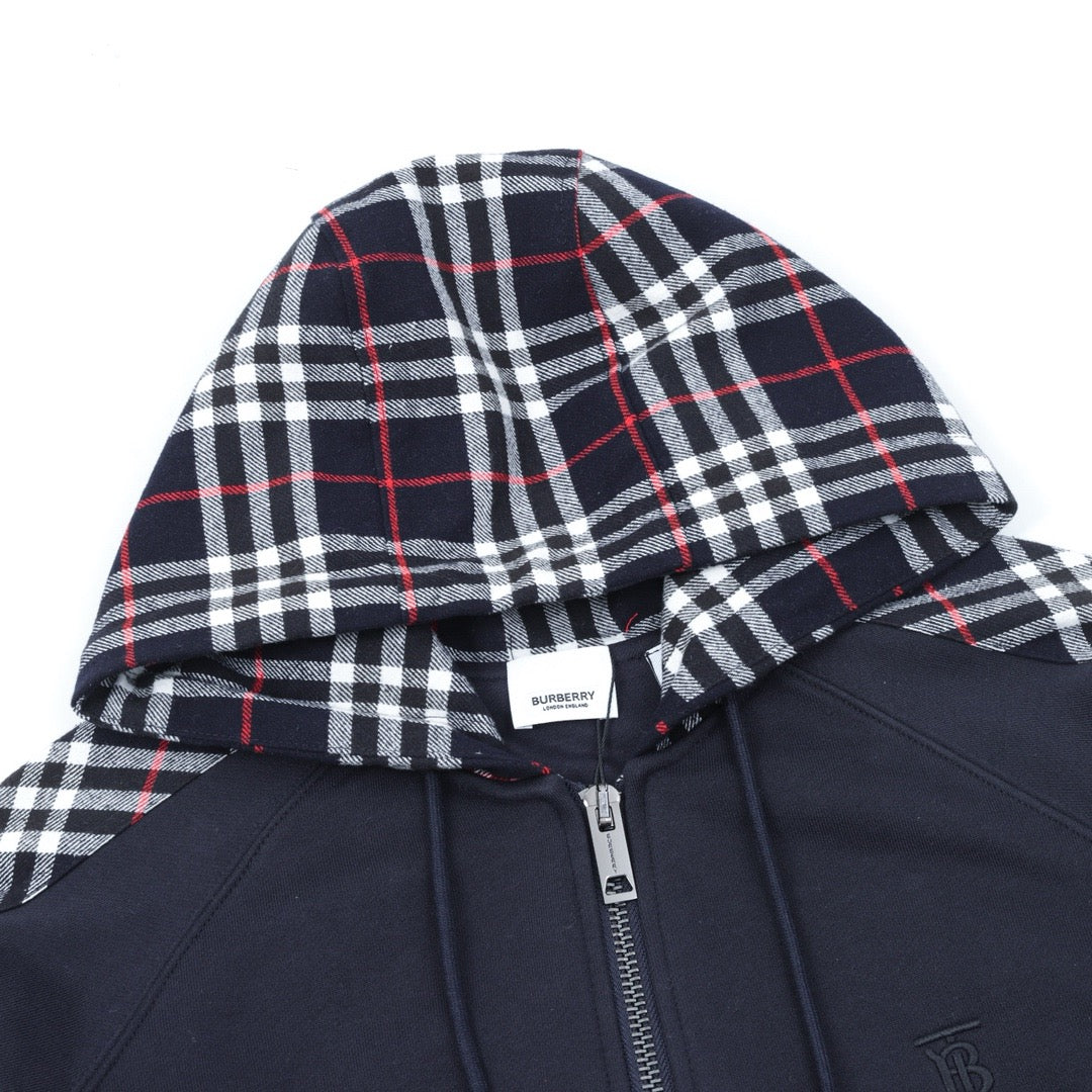 Burberry Women's Men's Navy Check Panel Zip-Up Hoodie