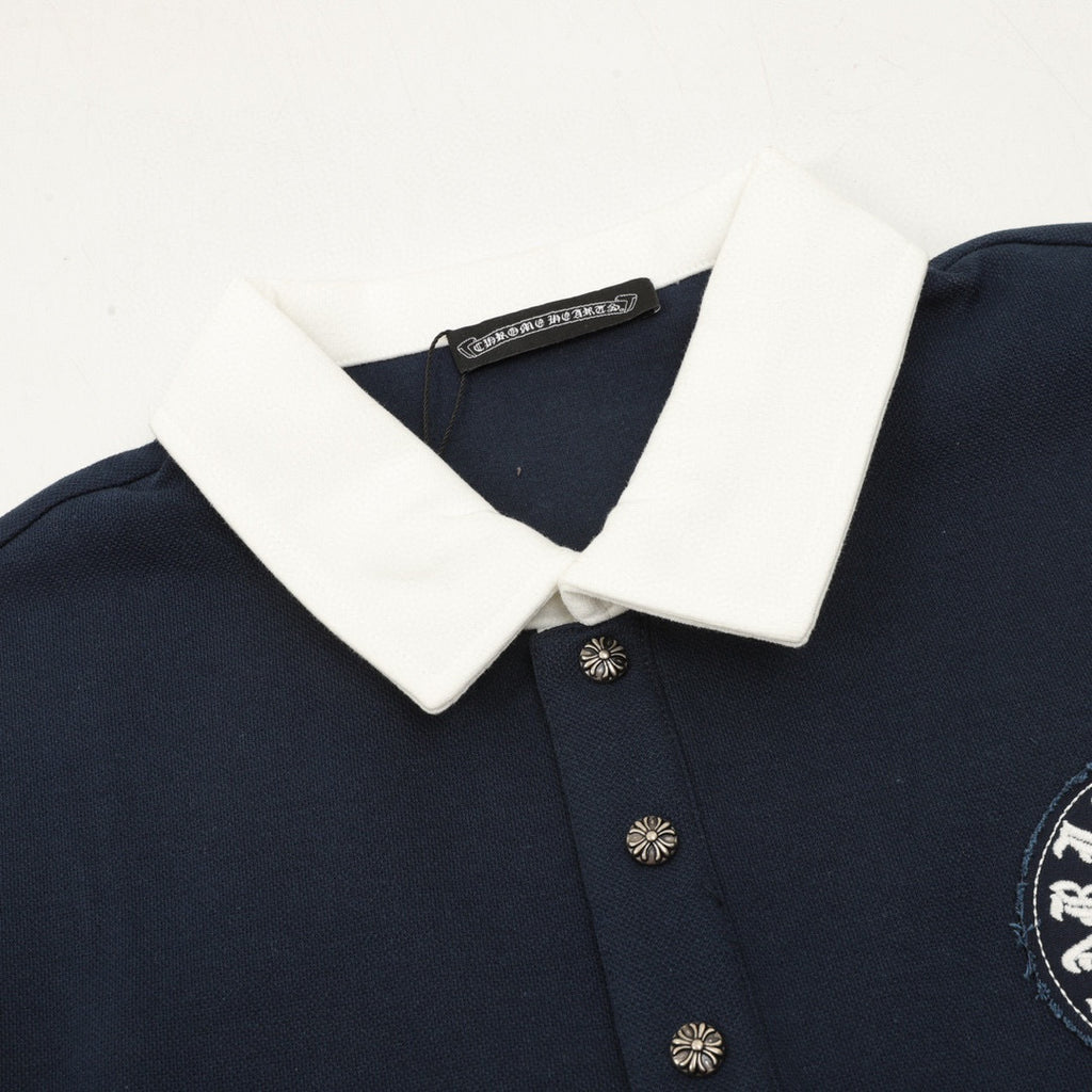 CH Long-Sleeve Polo Shirt with Cross Embroidery and Contrasting Collar