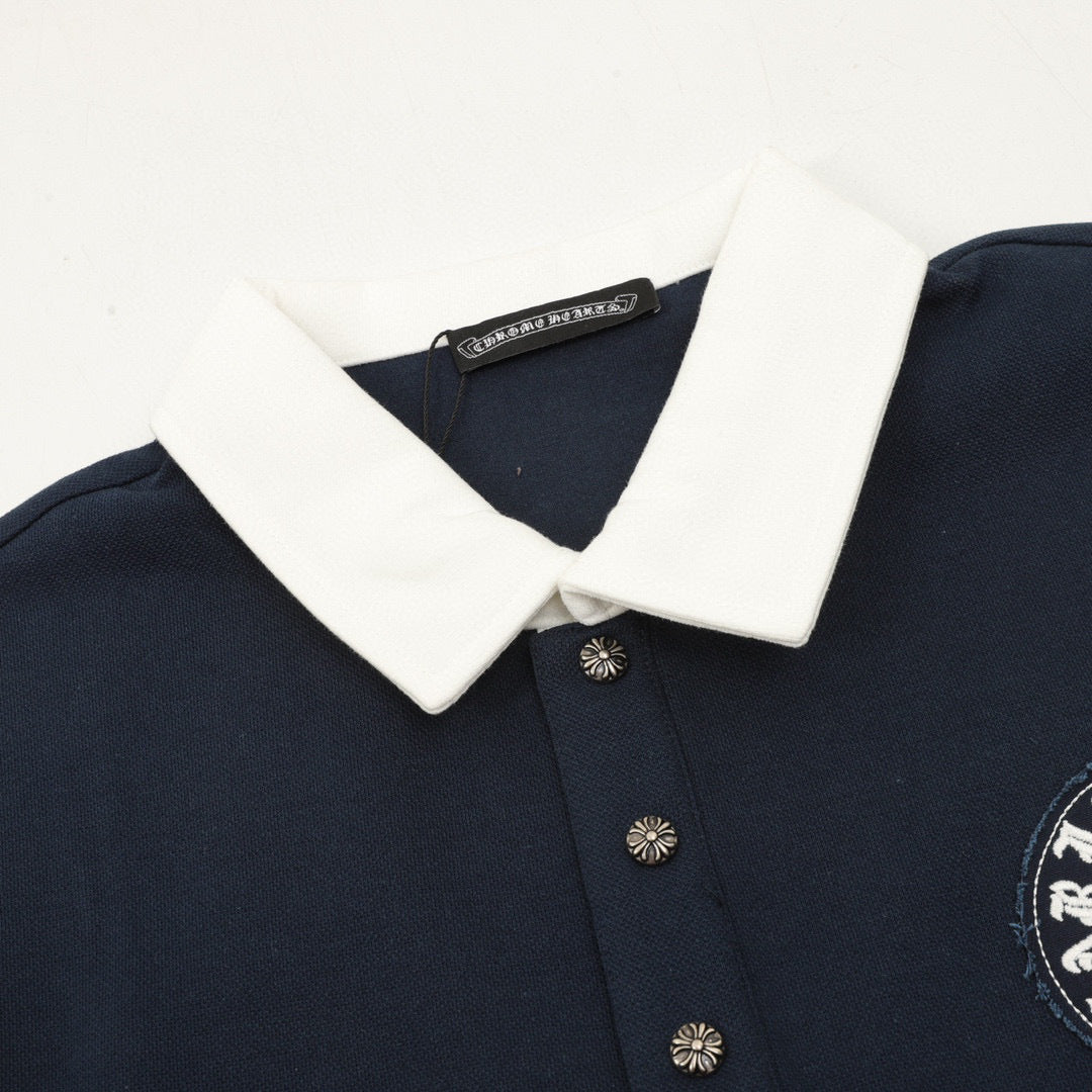 CH Long-Sleeve Polo Shirt with Cross Embroidery and Contrasting Collar