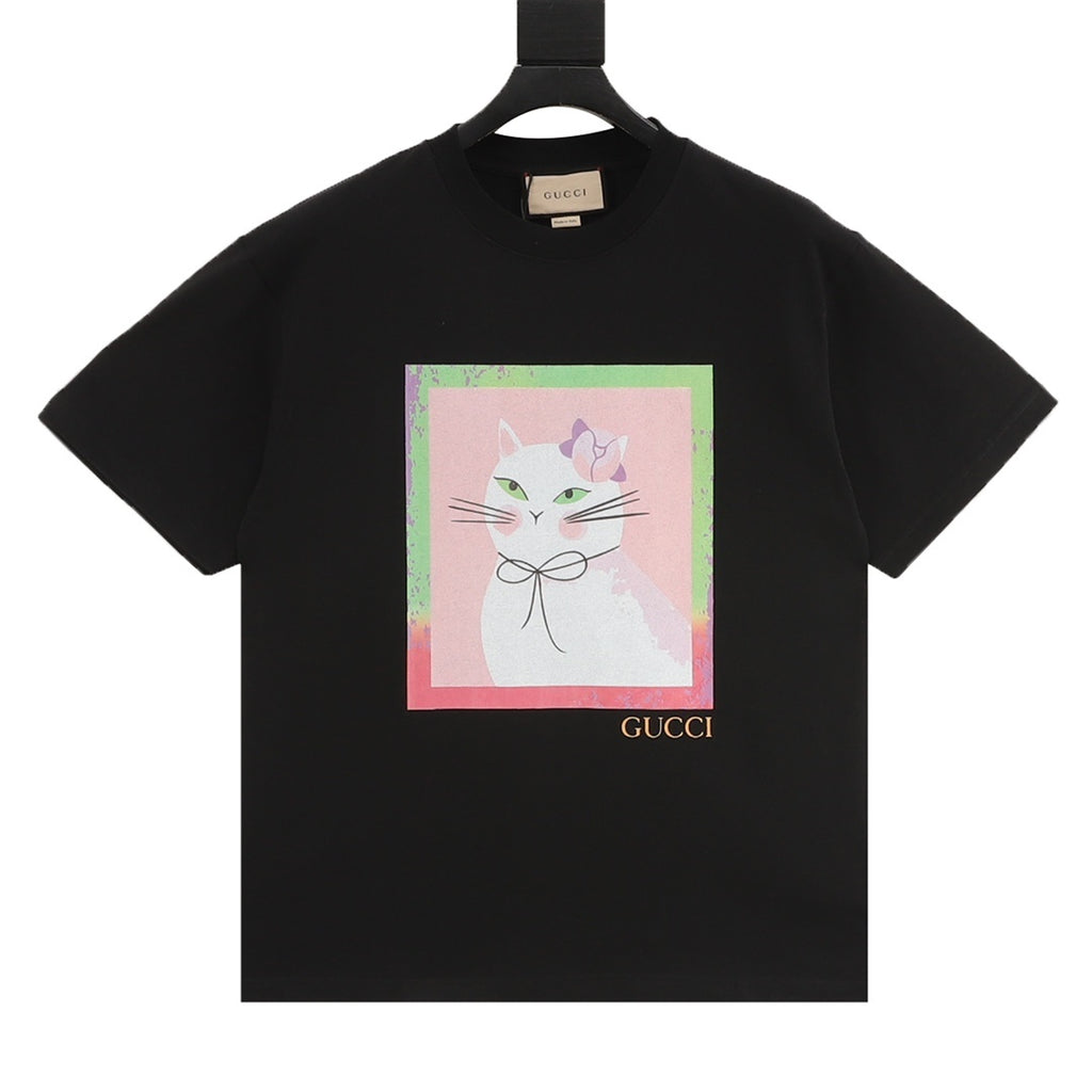 Gucci Men's Black Cat Print Short-Sleeve T-Shirt