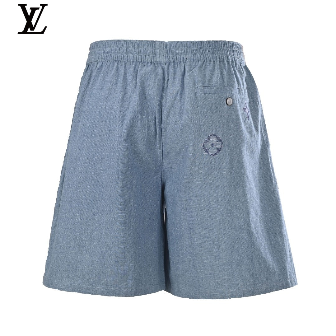 Louis Vuitton Blue Shorts with Embroidered Logo and Elastic Waist