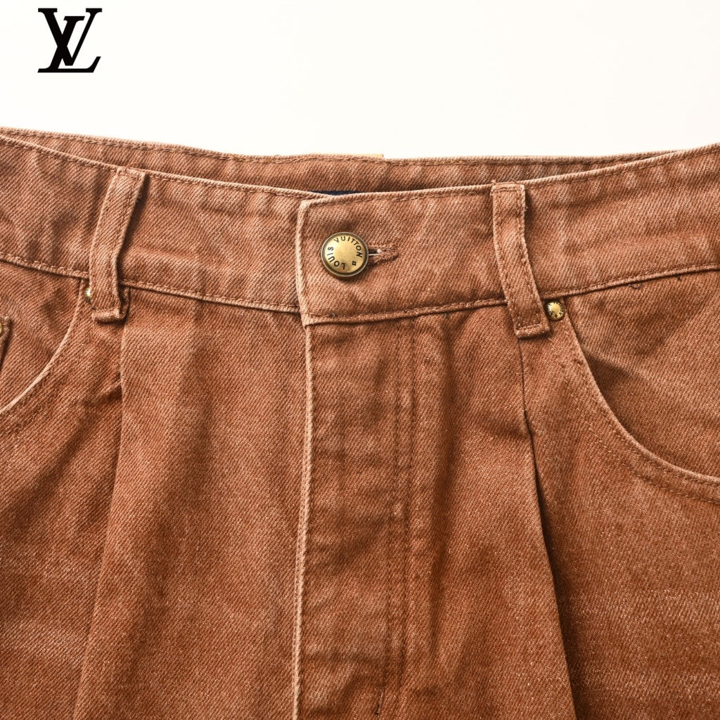Louis Vuitton Washed Brown Pleated Denim Shorts